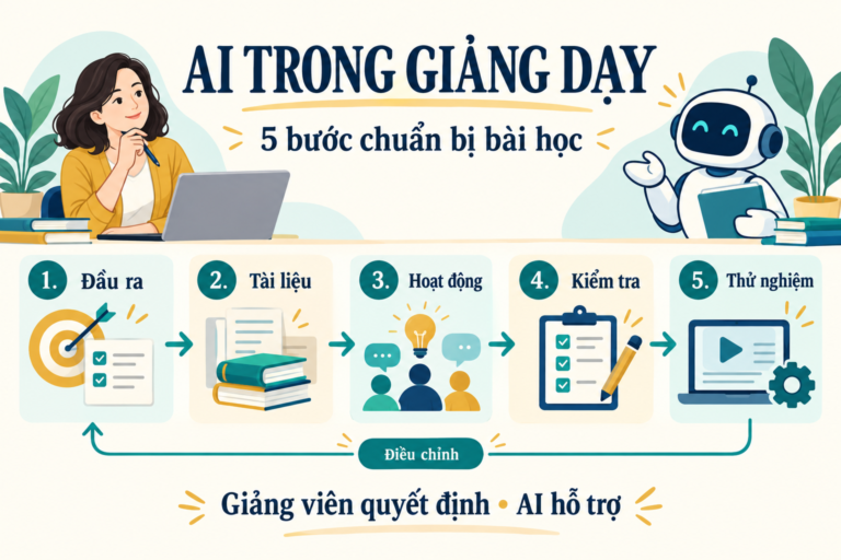 Năm bước chuẩn bị bài học với AI: đầu ra, tài liệu, hoạt động, kiểm tra và thử nghiệm, kèm vòng điều chỉnh.