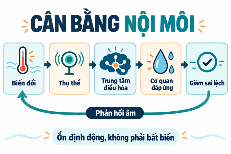 Vòng phản hồi âm gồm biến đổi, thụ thể, trung tâm điều hòa, cơ quan đáp ứng và giảm sai lệch.