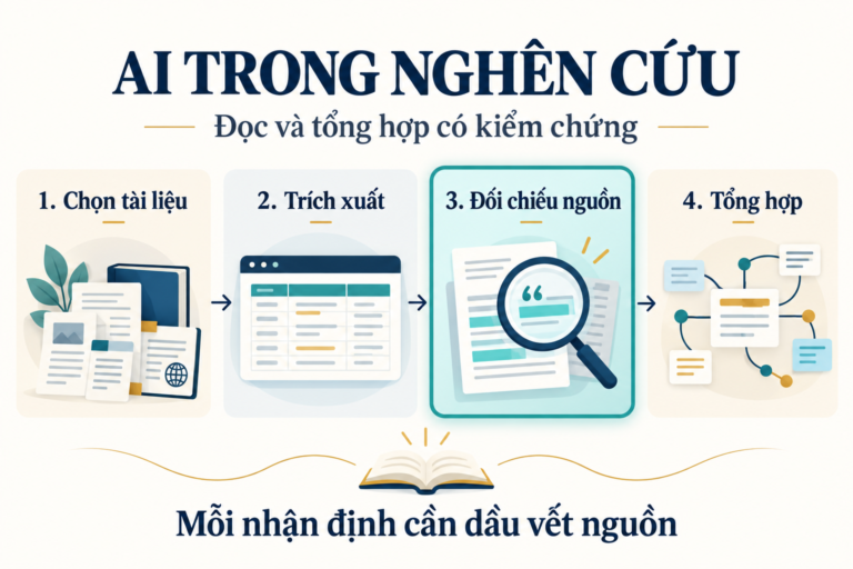 Bốn bước đọc và tổng hợp tài liệu với AI: chọn tài liệu, trích xuất, đối chiếu nguồn và tổng hợp.