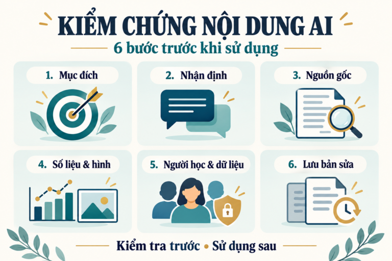 Sáu bước kiểm chứng nội dung AI: xác định mục đích, tách nhận định, đối chiếu nguồn, kiểm tra số liệu, rà người học và lưu bản sửa.