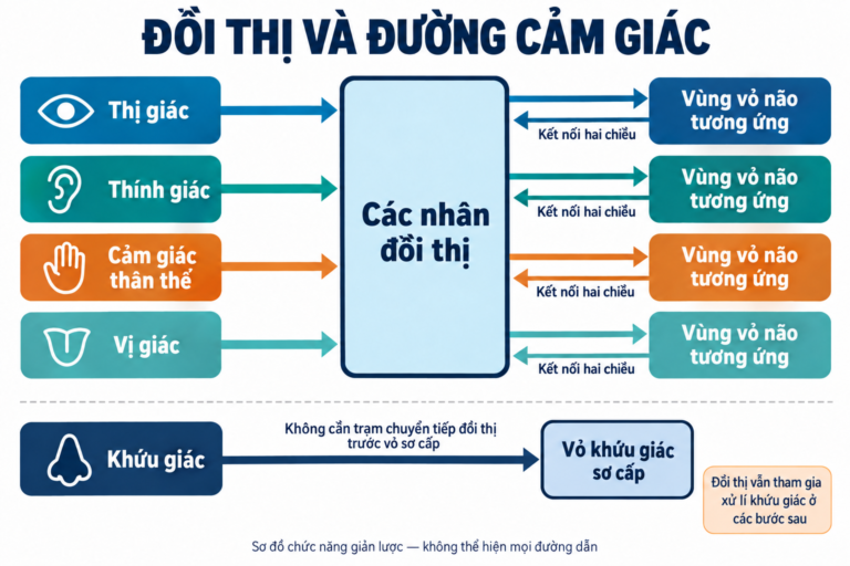 Các đường thị giác, thính giác, cảm giác thân thể và vị giác qua đồi thị đến vỏ não; đường khứu giác đến vỏ sơ cấp không có trạm đồi thị bắt buộc.