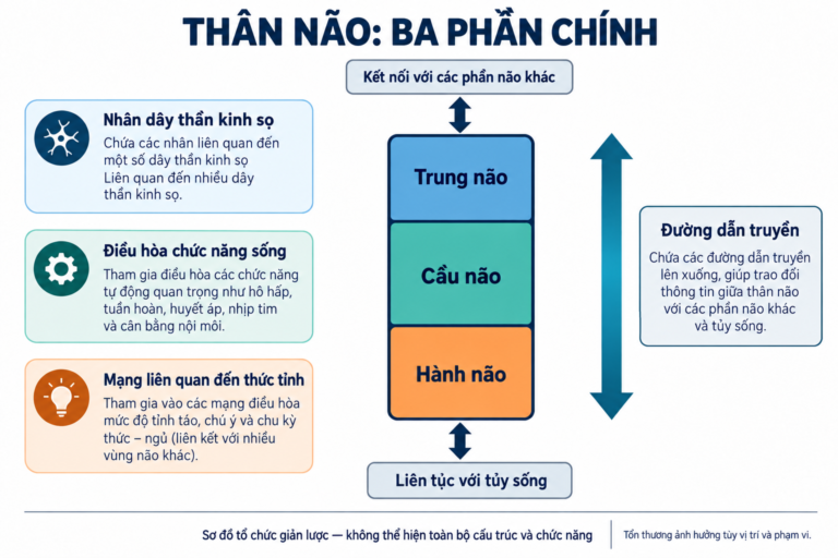 Ba phần thân não từ trên xuống: trung não, cầu não, hành não; liên hệ với tủy sống, đường dẫn truyền và các nhóm chức năng.