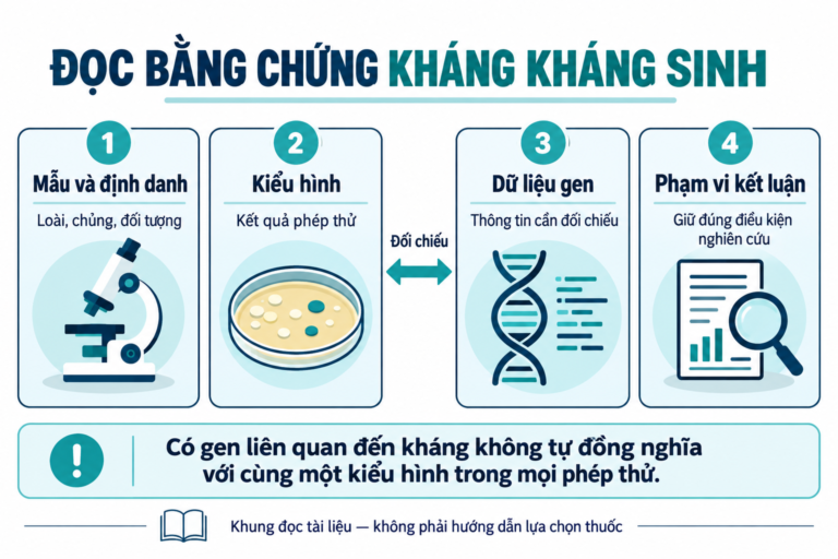 Khung đọc bằng chứng kháng kháng sinh: mẫu và định danh, kiểu hình, dữ liệu gen và phạm vi kết luận; đối chiếu gen với phép thử.