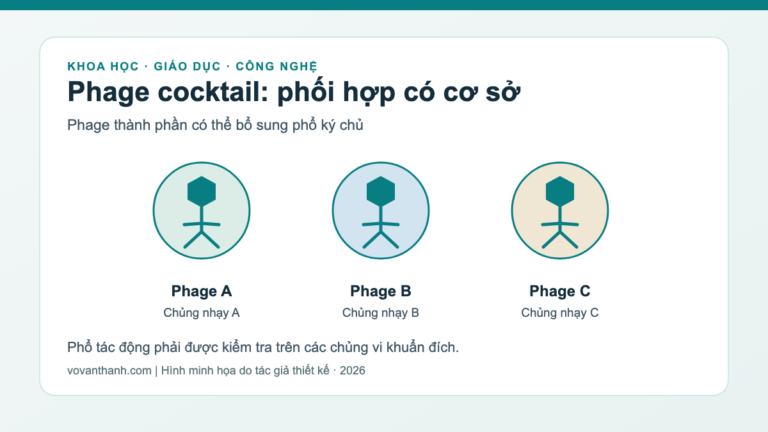 Sơ đồ khái niệm phage cocktail phối hợp ba phage với các phổ ký chủ bổ sung.