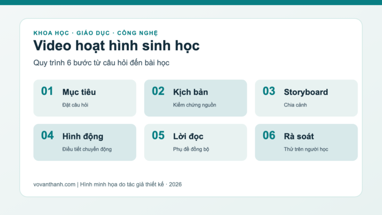 Sơ đồ 6 bước tạo video hoạt hình sinh học từ mục tiêu đến rà soát.